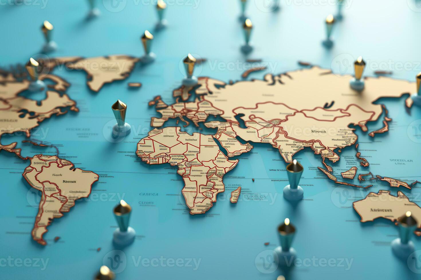 Location marks on the world map. Abstract image of a map with continents and oceans of the world. Generated by artificial intelligence photo