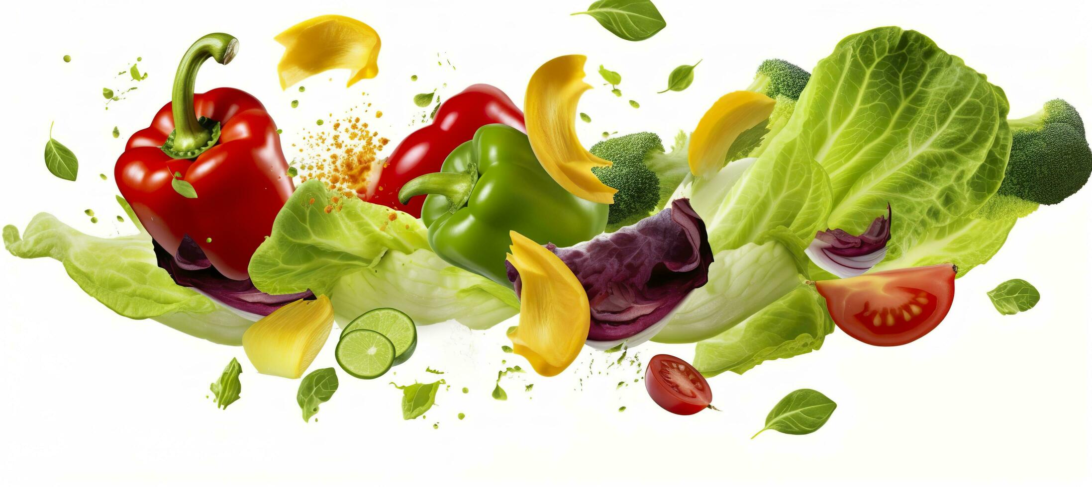 Falling vegetables, salad of bell pepper, tomato, and lettuce leaves. Generative AI photo