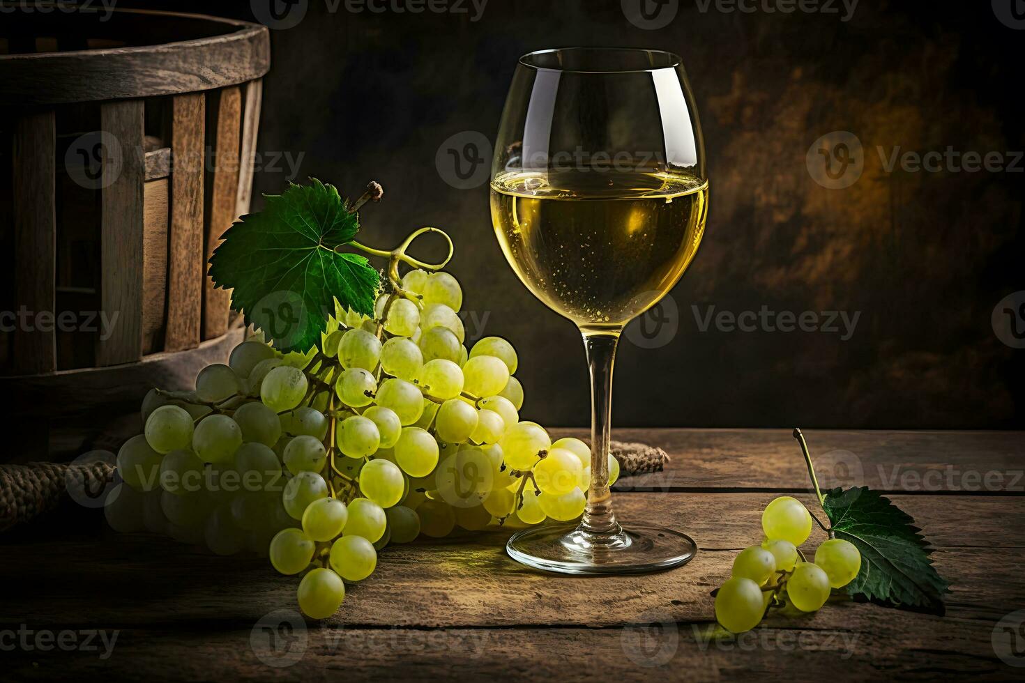 glass of dry White wine ripe grapes and glass on table in vineyard. Neural network AI generated photo