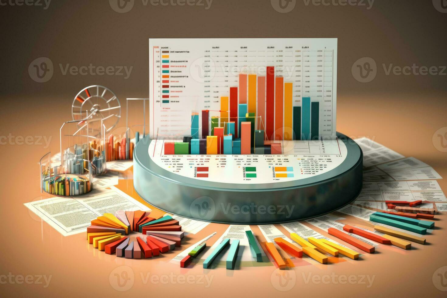 Business analysis presentation. Growth and decline of indicators, accounting. Pie and Column Charts. Generated by artificial intelligence photo