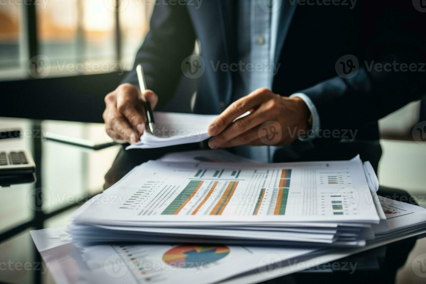 A business man in a suit checks papers. Business analysis, business management. Analytics and data accounting. Generated by artificial intelligence photo