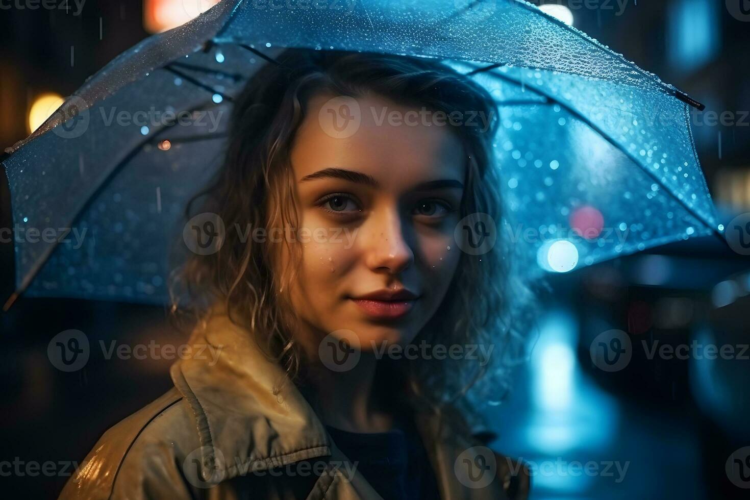 Portrait of a girl with an umbrella in the rain. Neural network AI generated photo