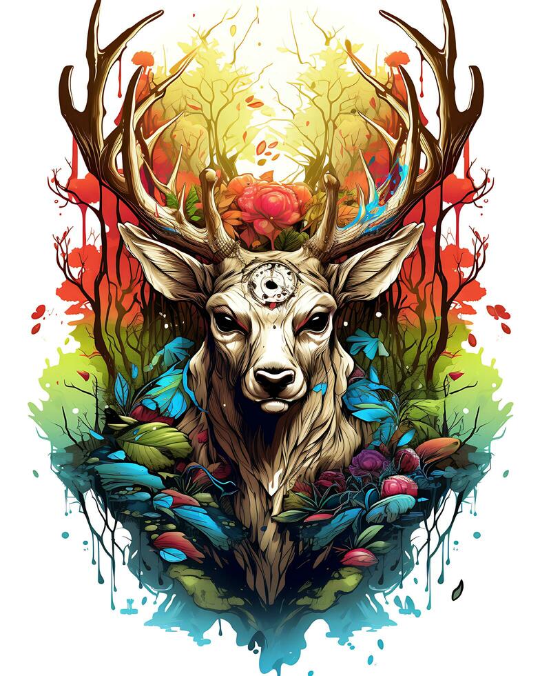 Animal illustration scene of a wild colorful deer hunting photo