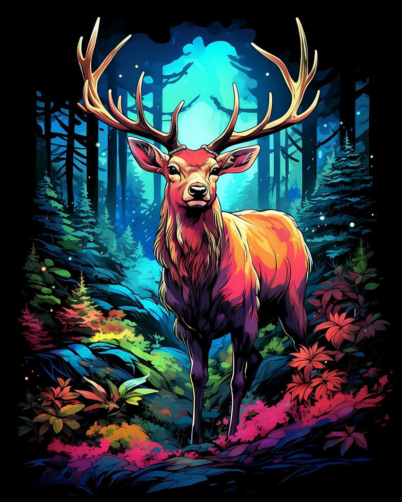 Animal illustration scene of a wild colorful deer hunting photo