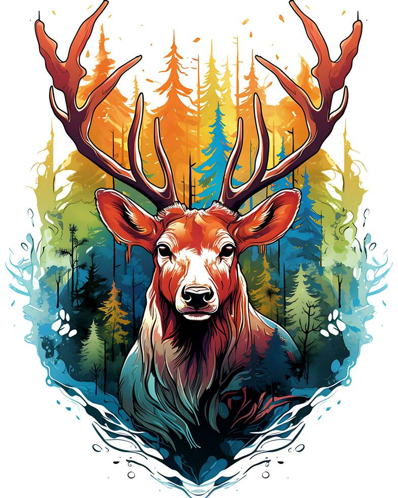 Animal illustration scene of a wild colorful deer hunting photo