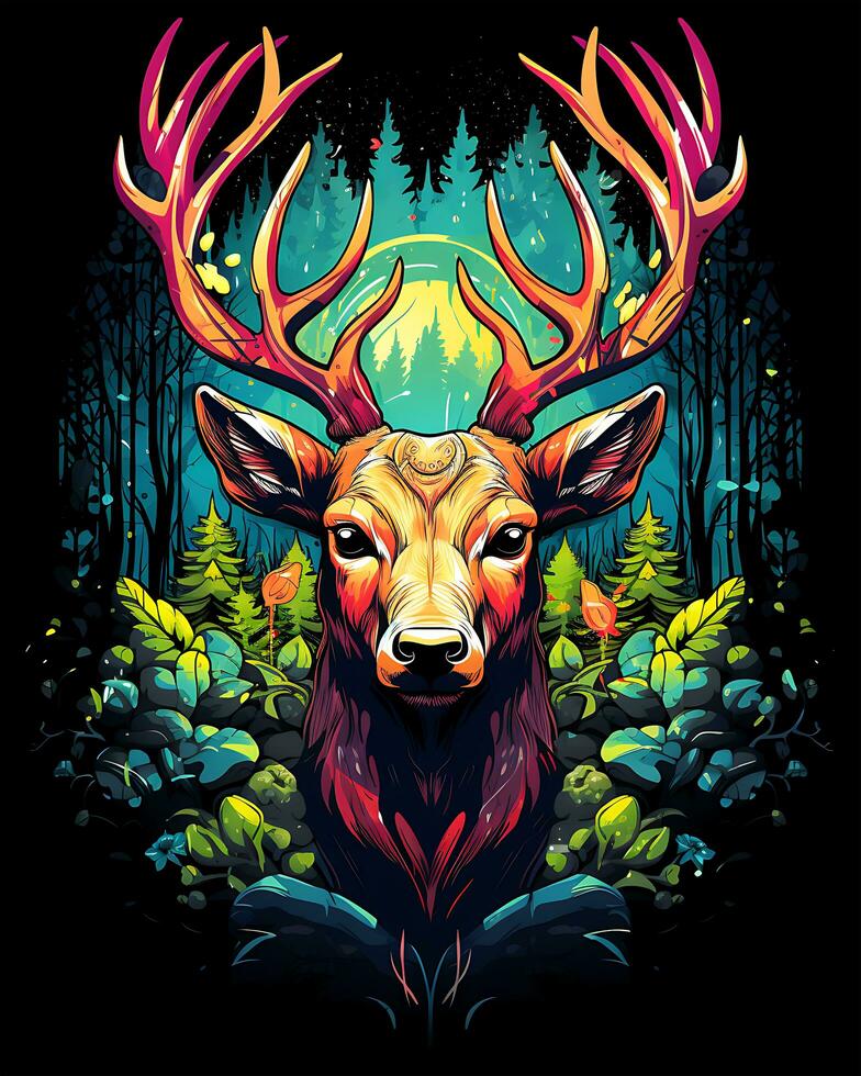 Animal illustration scene of a wild colorful deer hunting photo