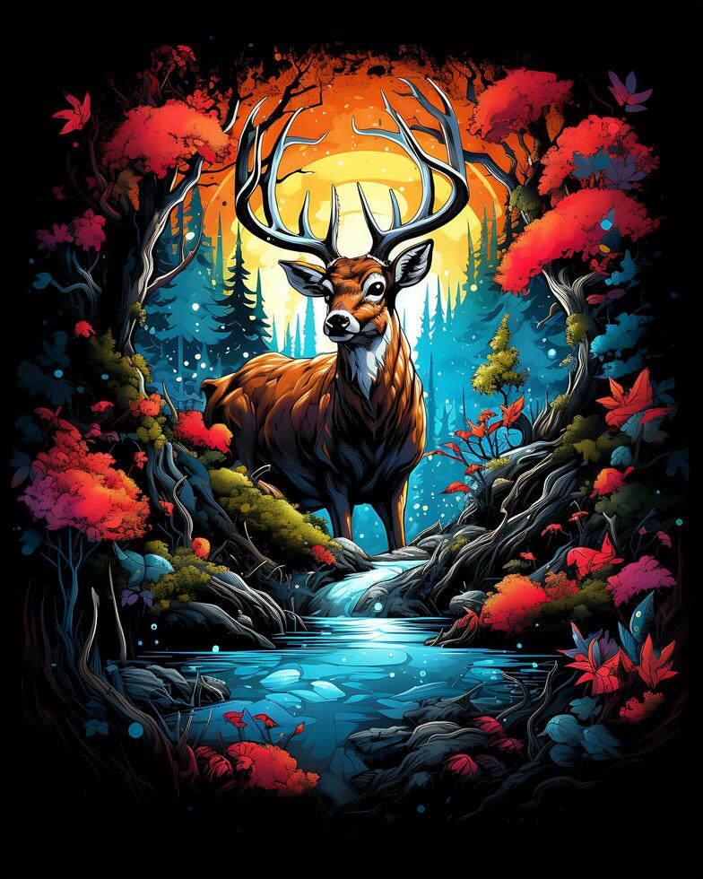 Animal illustration scene of a wild colorful deer hunting photo