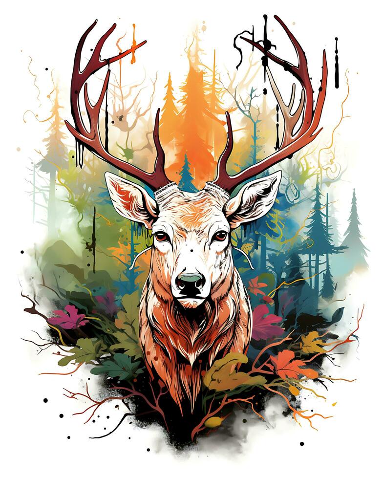 Animal illustration scene of a wild colorful deer hunting photo