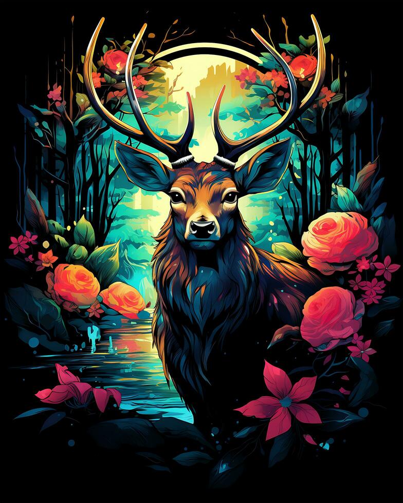 Animal illustration scene of a wild colorful deer hunting photo