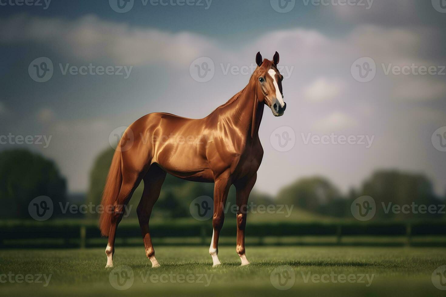 Bay horse run gallop on desert sand against blue sky. Neural network AI generated photo