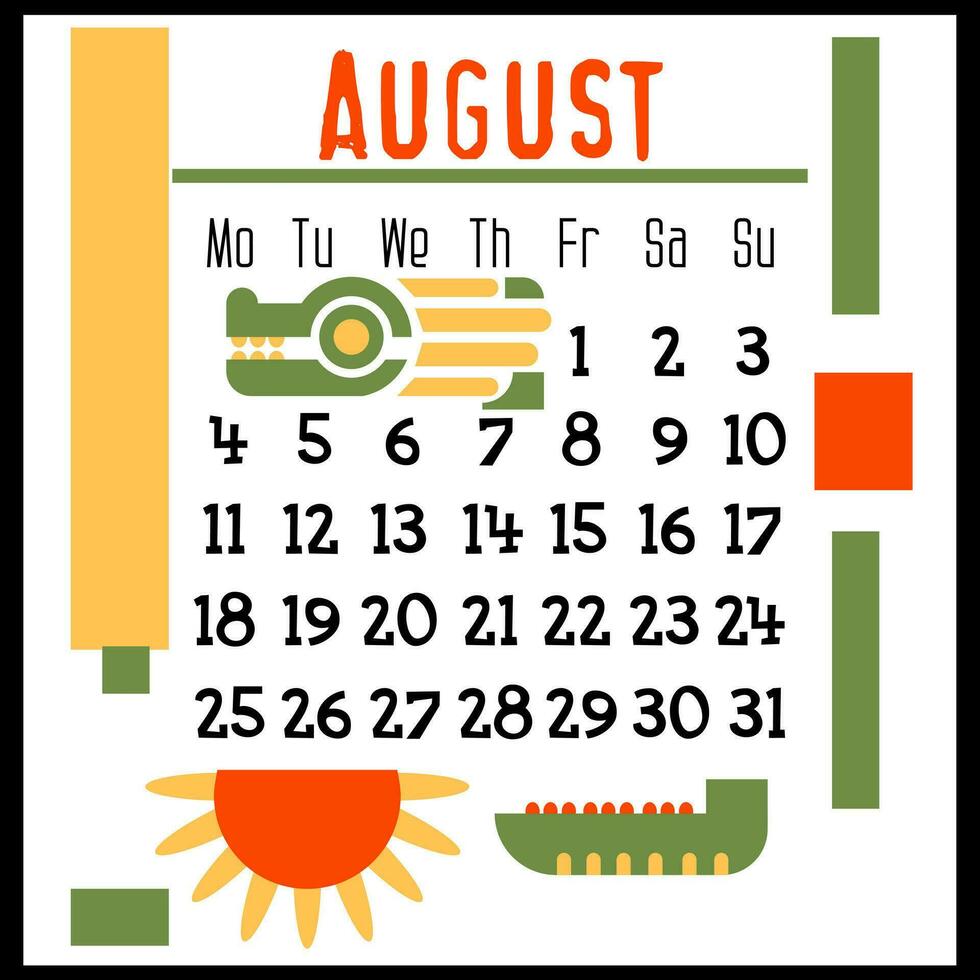 A square calendar page for August 2024 with a green geometric dragon. Isolated on a white background. The symbol of the year of the dragon. Dragon with a sunflower. Vector illustration. Colour