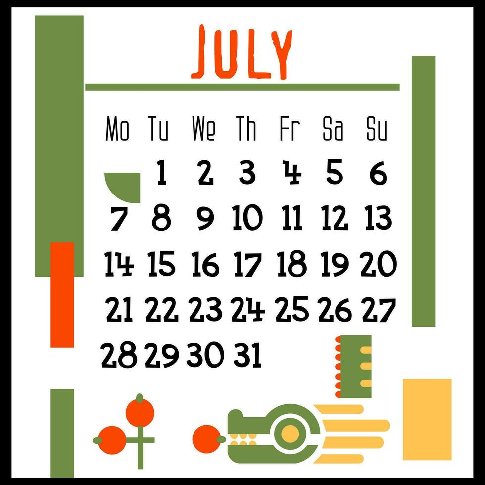 A square calendar page for July 2024 with a green geometric dragon. Isolated on a white background. The symbol of the year of the dragon. The dragon eats berries. Vector illustration. Colour