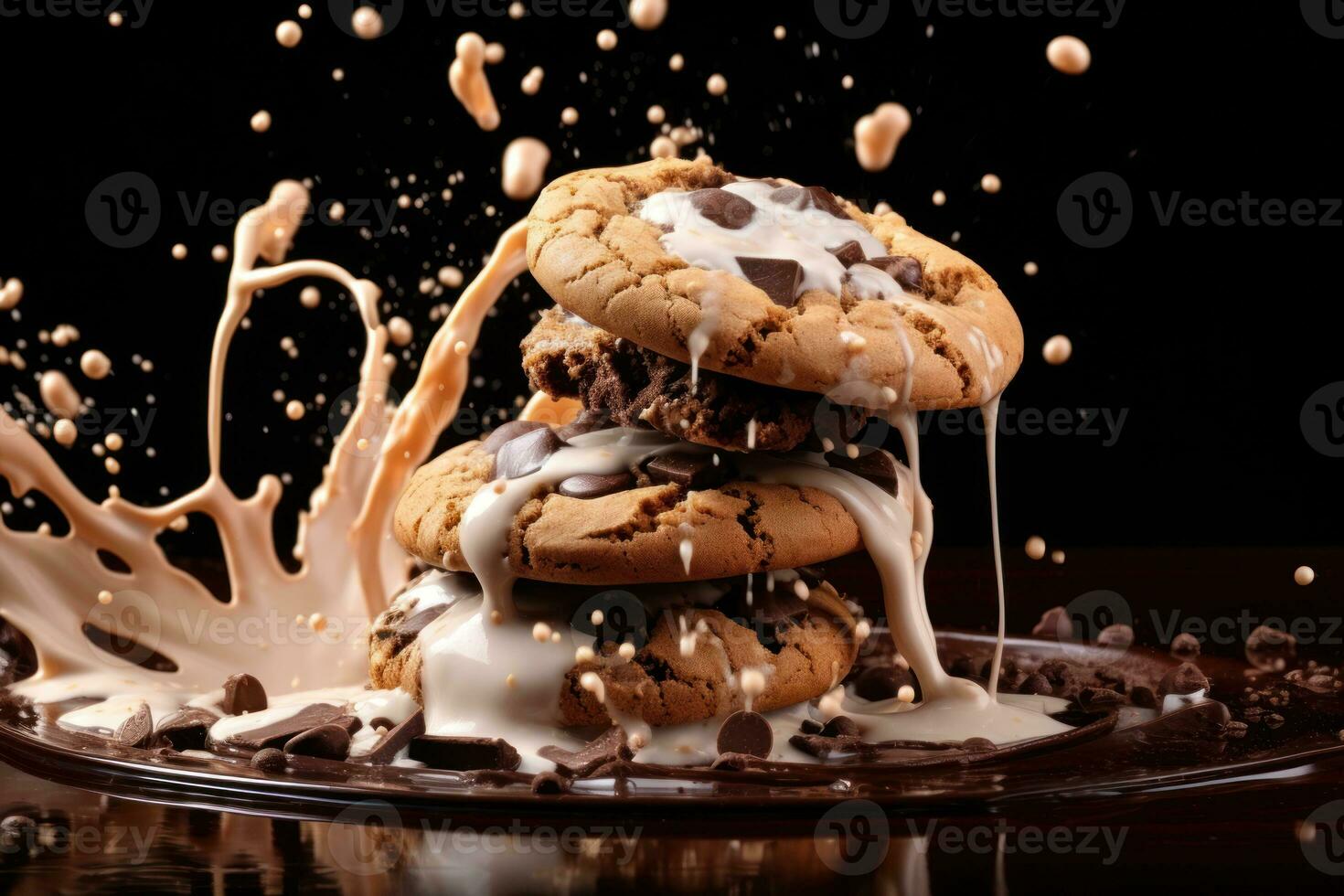 Coffee with milk splash on chocolate cookies over brown background. Advertising idea. Generative Ai photo