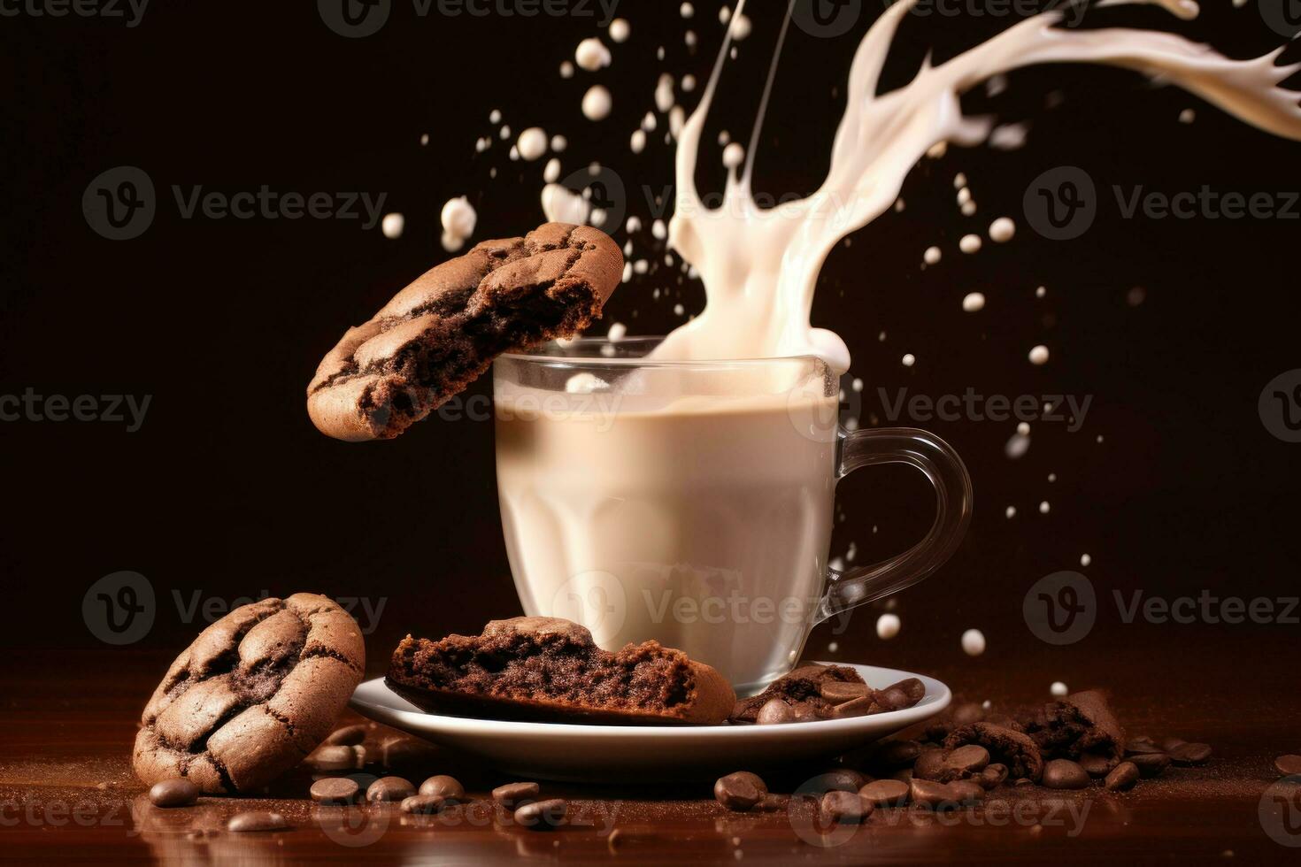 Coffee with milk splash on chocolate cookies over brown background. Advertising idea. Generative Ai photo