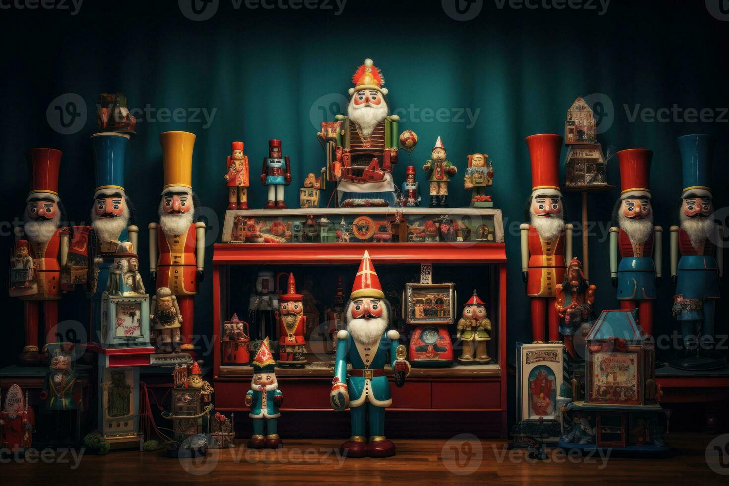 Miniature nutcrackers, elves and Santas from across the decades lined up with vintage Christmas signs and memorabilia. Generative Ai photo