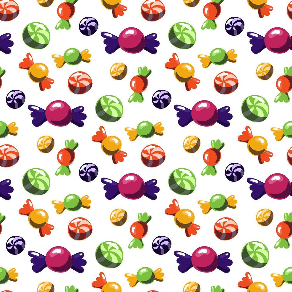 Seamless pattern with multicolored candies in a colored wrapper and striped caramels. Vector cartoon background with sweet Willy Wonka candies. Festive sweets for Halloween, Christmas, New year