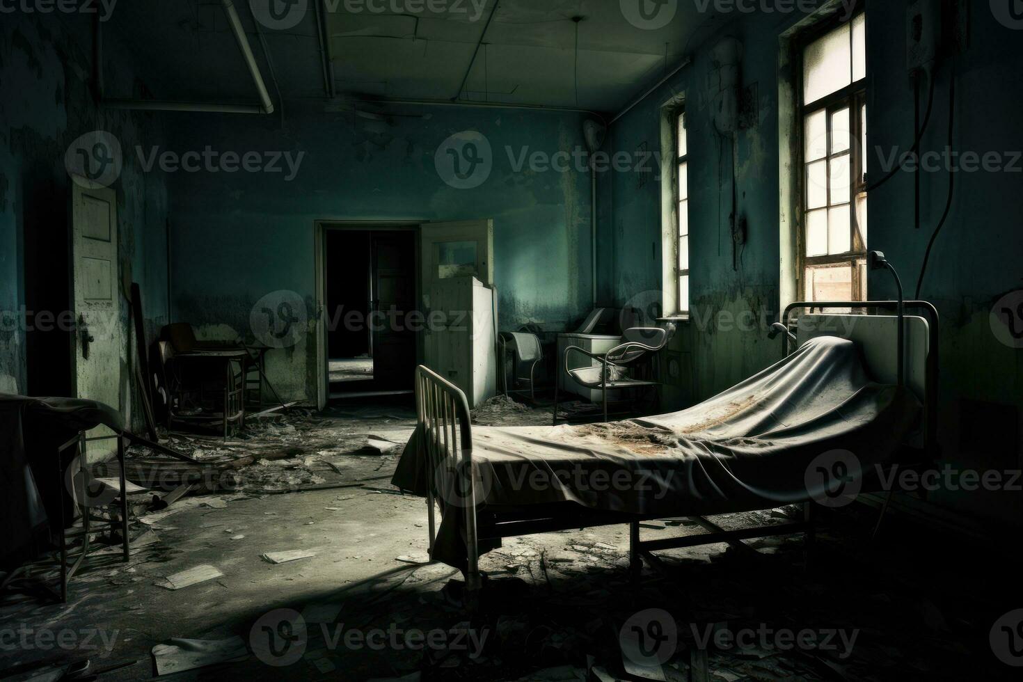 Mysterious Hospital gurneys inside spooky abandoned asylum. Generative AI photo
