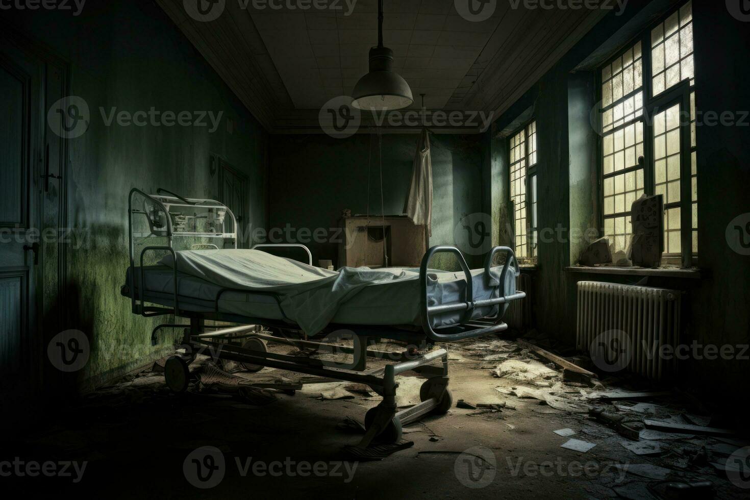 Mysterious Hospital gurneys inside spooky abandoned asylum. Generative AI photo