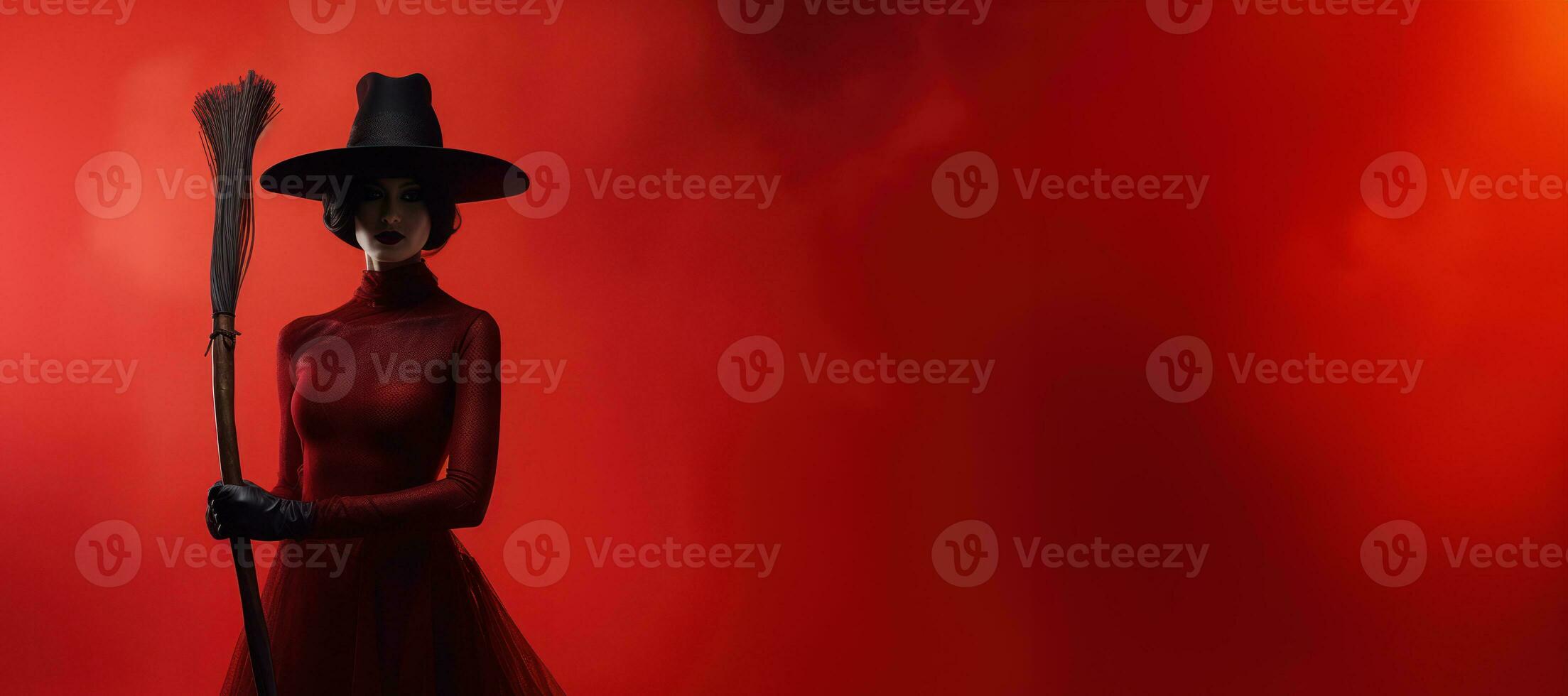 A mysterious witch clad in a floor-length red dress with black hat and broom, she exudes an aura of power and darkness. Red foggy background enhances the dramatic effect. Generative AI photo