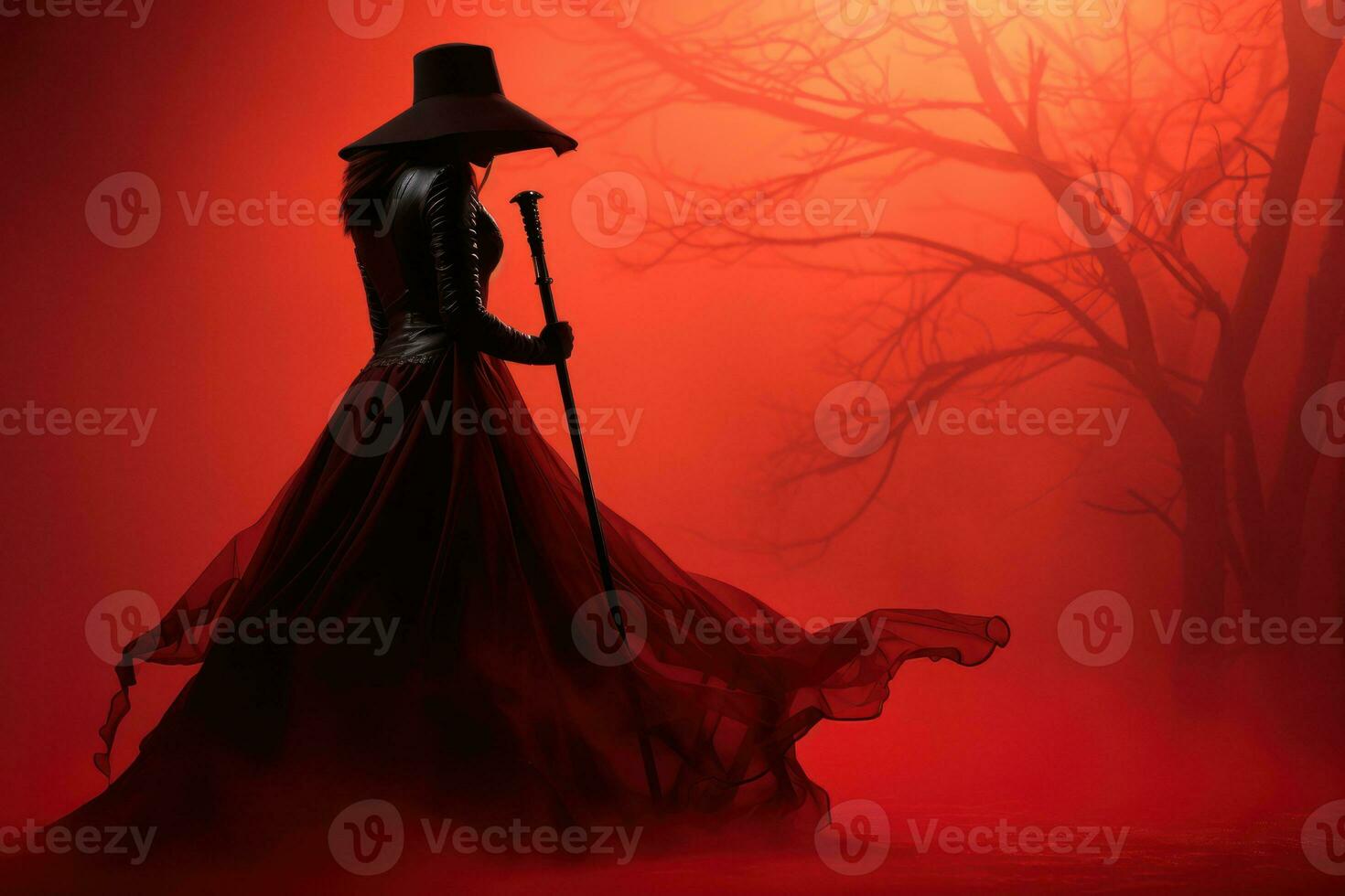 un misterioso bruja revestido en un la longitud del piso rojo vestir con negro sombrero y escoba, ella exuda un aura de poder y oscuridad. rojo brumoso antecedentes mejora el dramático efecto. generativo ai foto