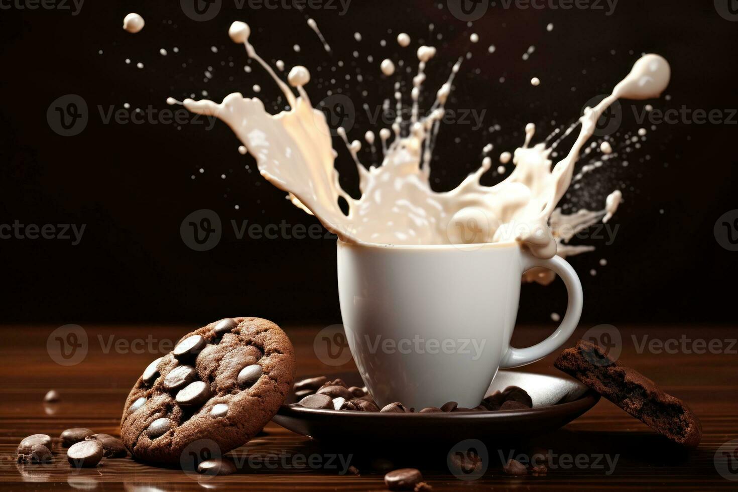Coffee with milk splash on chocolate cookies over brown background. Advertising idea. Generative Ai photo