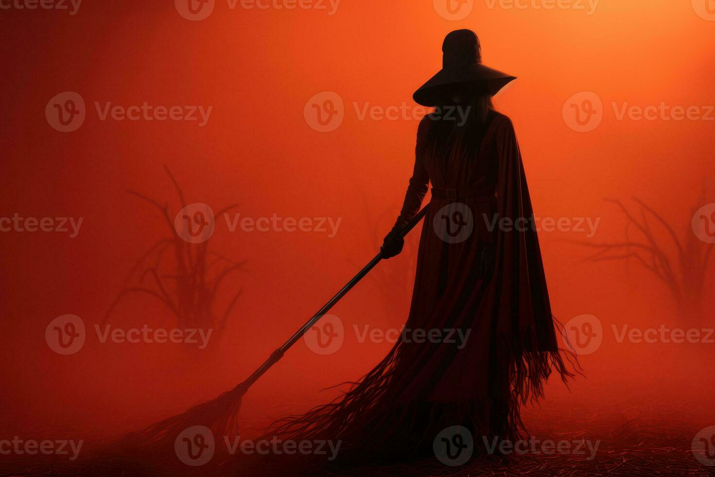 A mysterious witch clad in a floor-length black dress with black hat and broom, she exudes an aura of power and darkness. Red foggy background enhances the dramatic effect. Generative AI photo