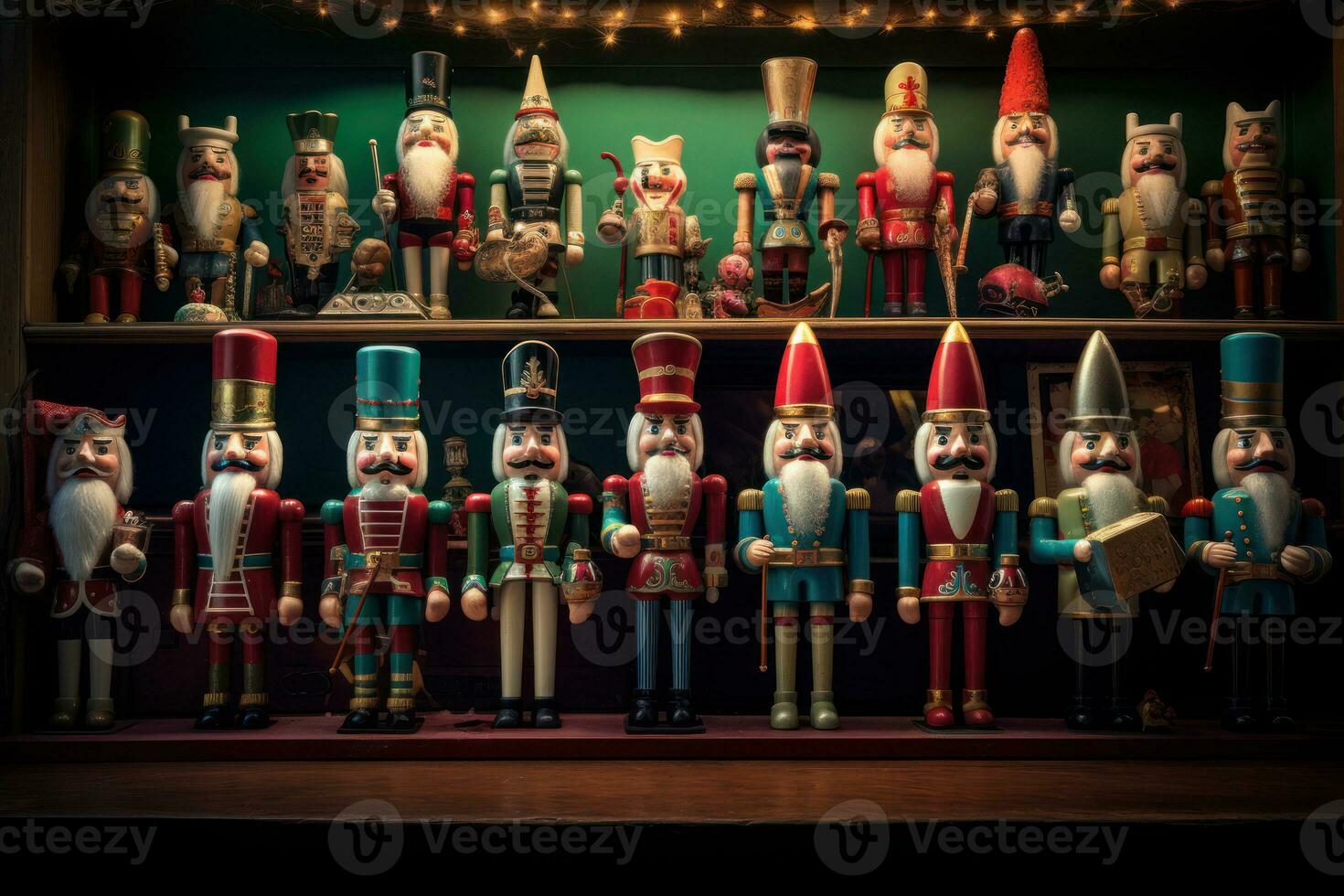 Miniature nutcrackers, elves and Santas from across the decades lined up with vintage Christmas signs and memorabilia. Generative Ai photo