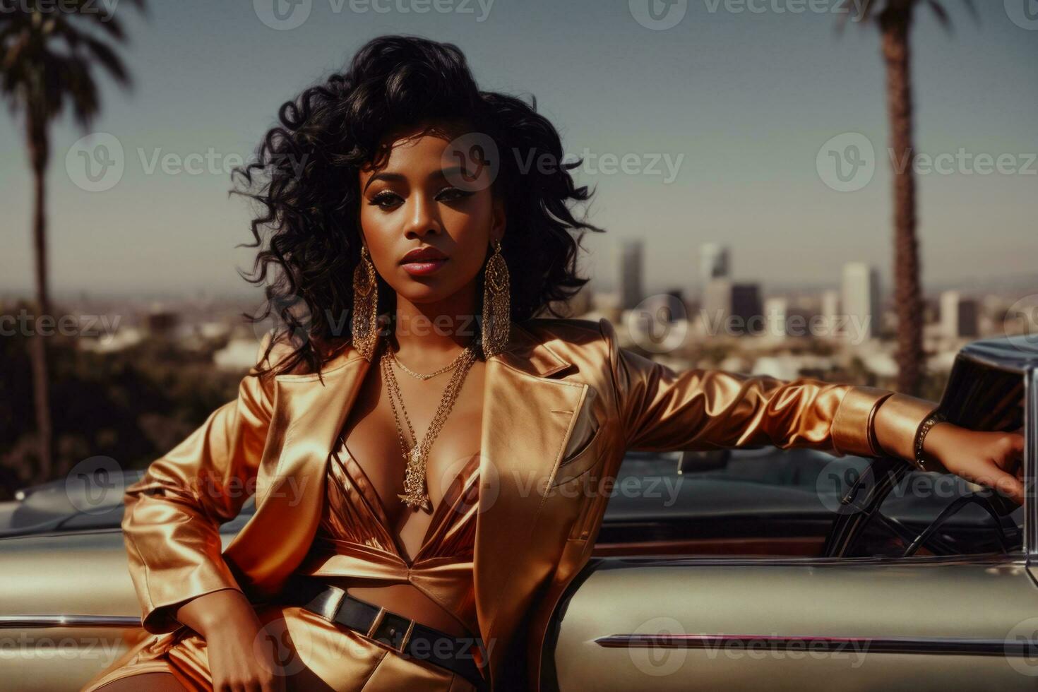 A female rapper in a glamorous, vintage-inspired outfit, posing provocatively on a classic convertible car against a Los Angeles backdrop. Toned Image. Generative Ai photo