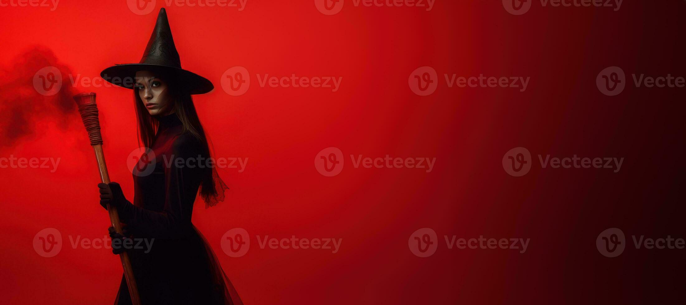 A mysterious witch clad in a floor-length red dress with black hat and broom, she exudes an aura of power and darkness. Red foggy background enhances the dramatic effect. Generative AI photo