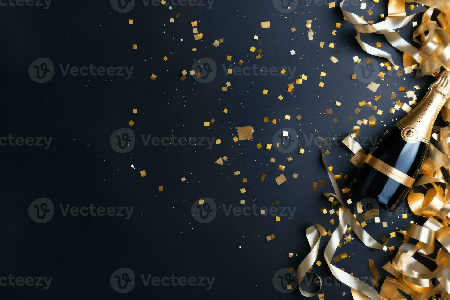 Top view of festive background party streamers, confetti with golden champagne bottle. December Holidays concept with copy space. Generative Ai photo