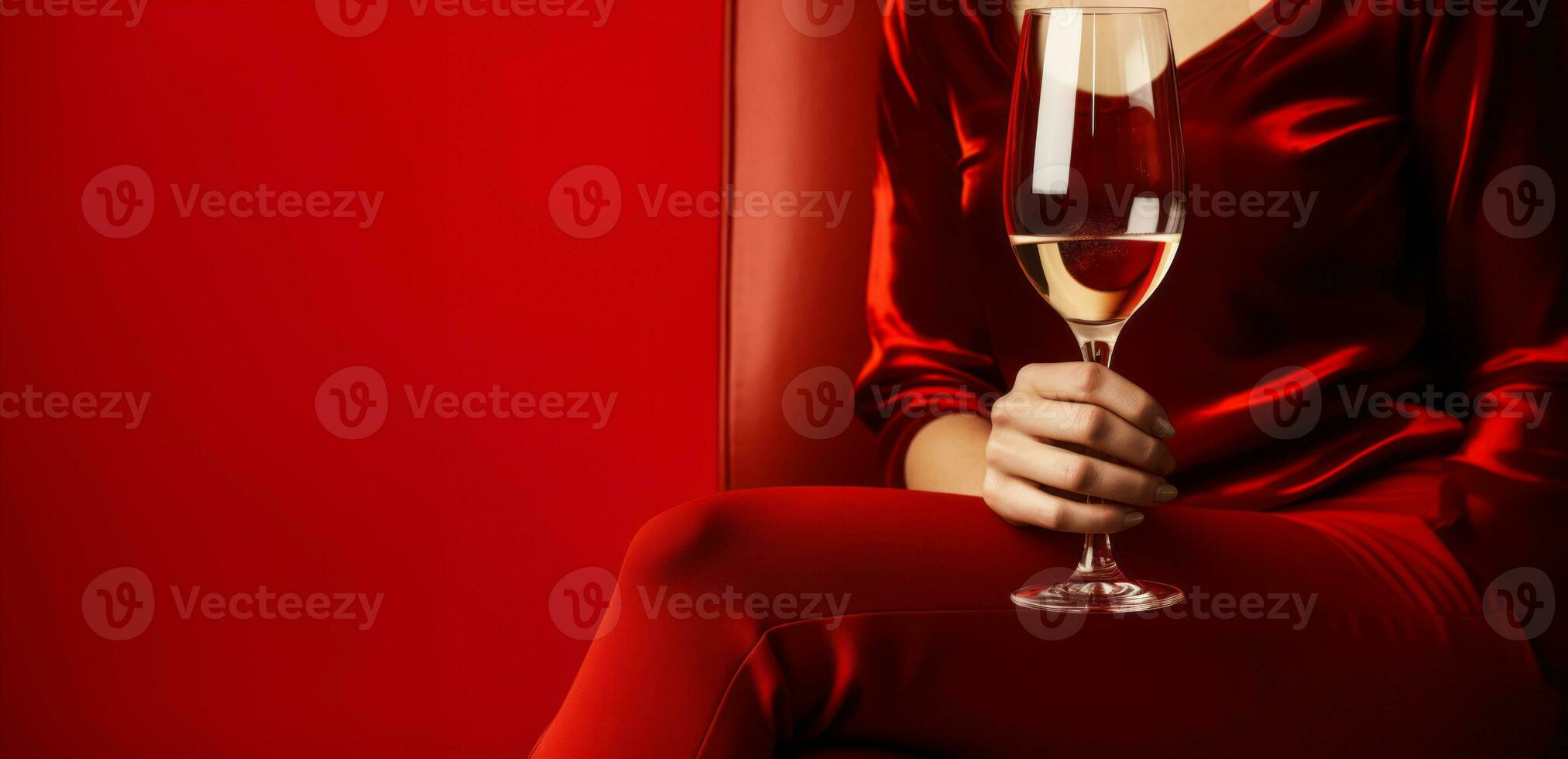 Woman holding champagne flute while sitting against red background. Generative Ai photo
