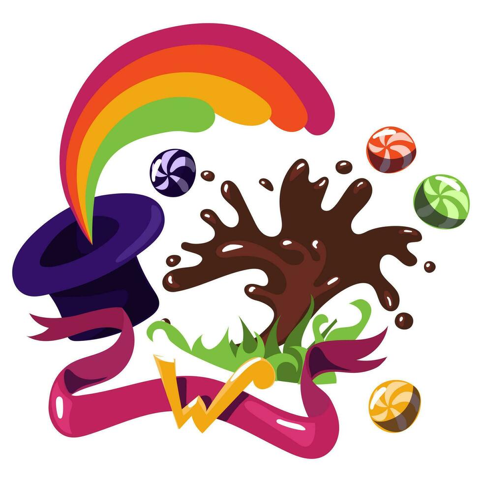 Purple hat with candy. Willy Wonka's world with rainbows, chocolates and sweets. The chocolate factory. Wonka's chocolate. Chocolate and striped caramels, hat, rainbow, grass, ribbon with the letter W vector