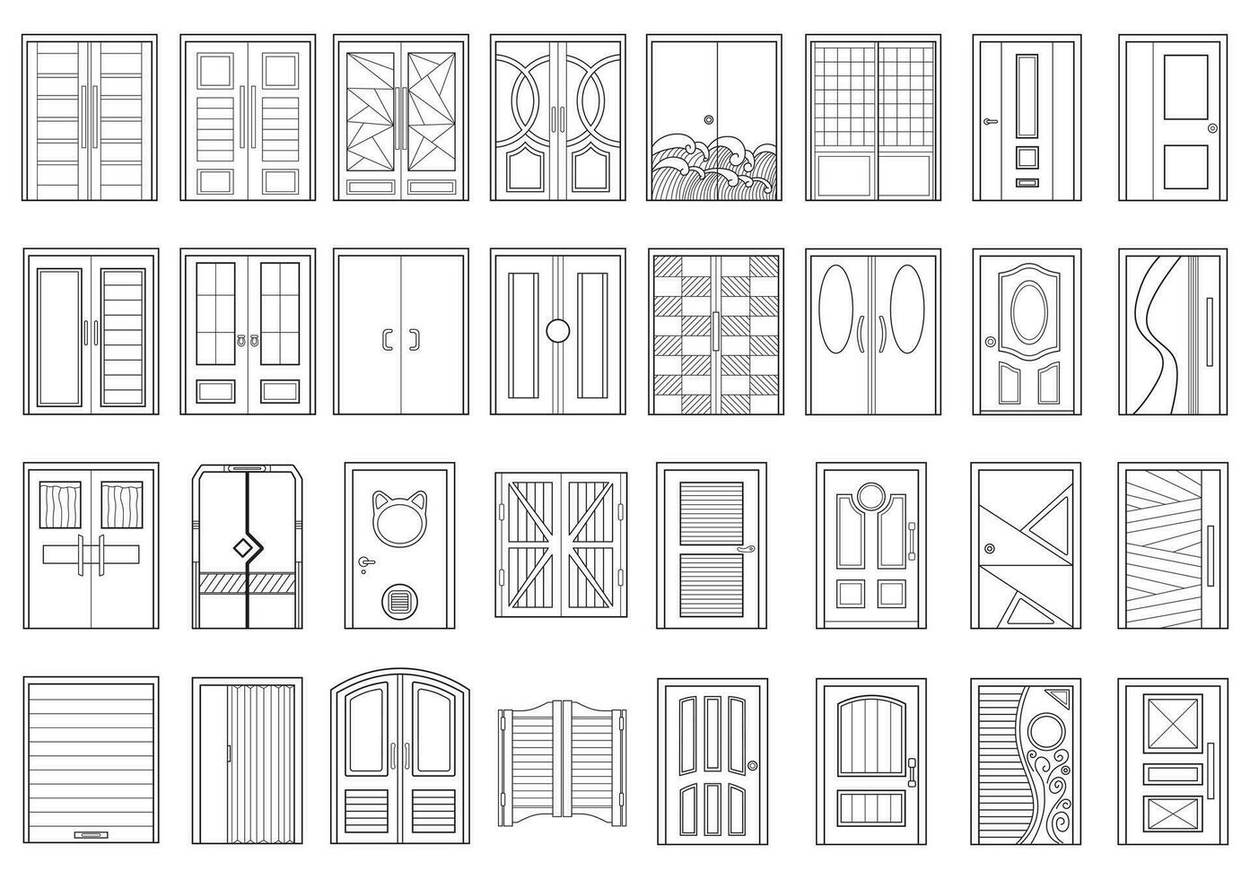 Hand drawn Kids drawing Vector illustration set Different Types doors Isolated on White Background