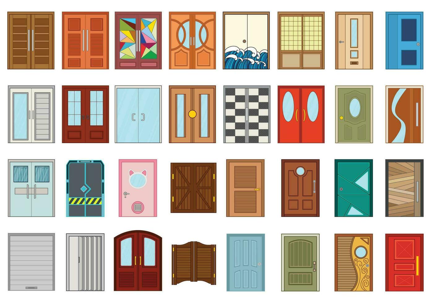 Kids drawing Vector illustration set Different Types doors Isolated on White Background