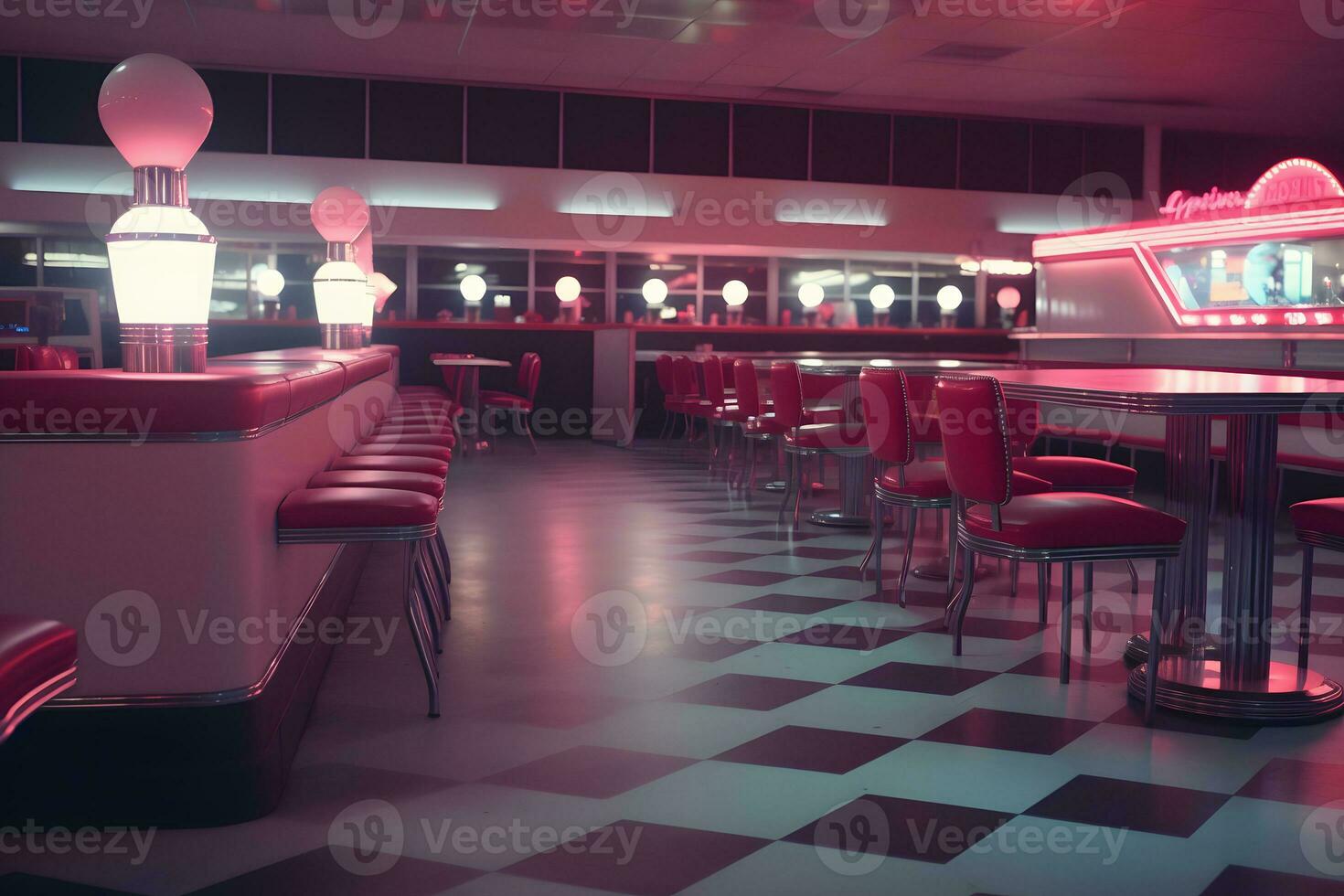 Old Fashioned Red Bar Stools In American Burger Retro Diner Restaurant. Interior Of Bar Is In Traditional American Style. Neural network AI generated photo