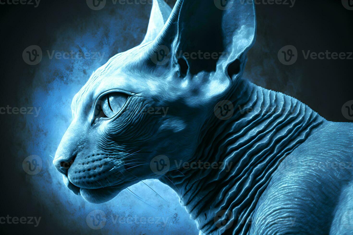 Beautiful Sphynx cat portrait in blue colors. Neural network generated art photo