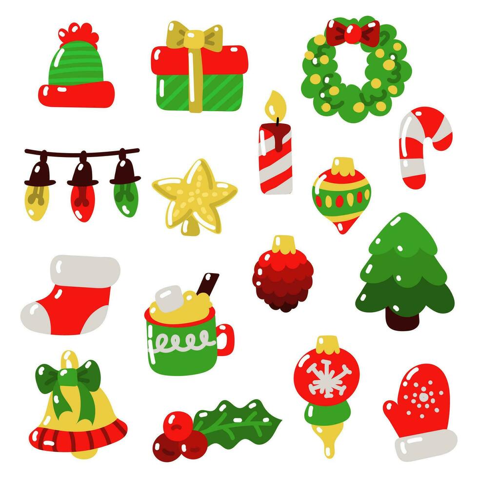 Vector set of Christmas items, elements and decorations, including Christmas tree, hat, gift boxes, candle, mistletoe, wreath, cocoa mug, mittens, candy, Christmas toys, wreath and much more. Childish