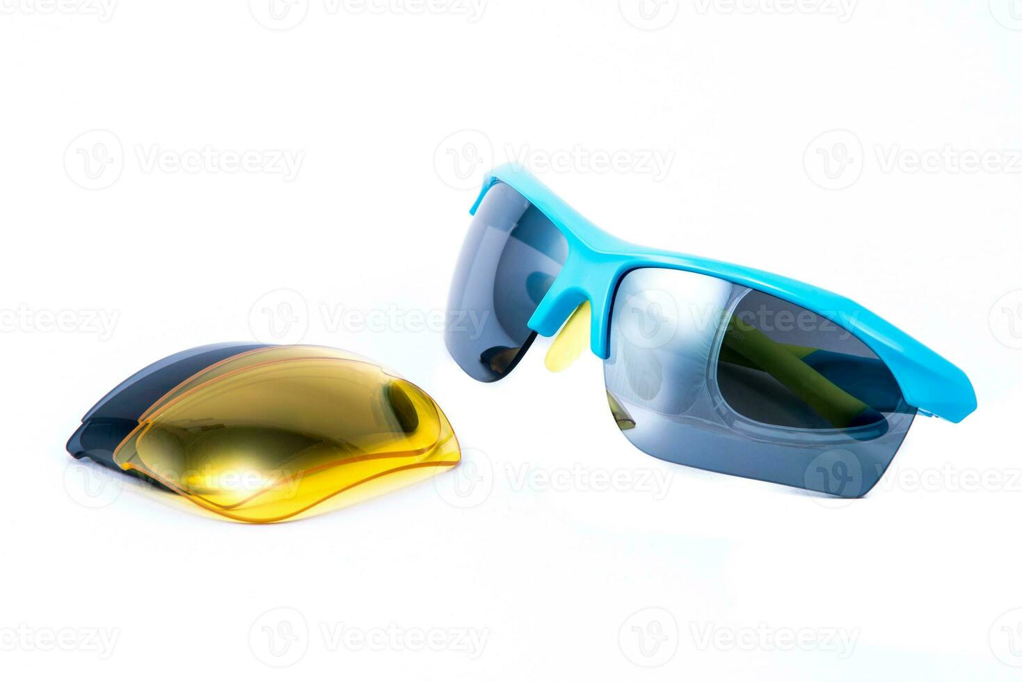 Sunglasses help protect the eyes from uv rays. Fashion sunglasses blue frames on white background. photo