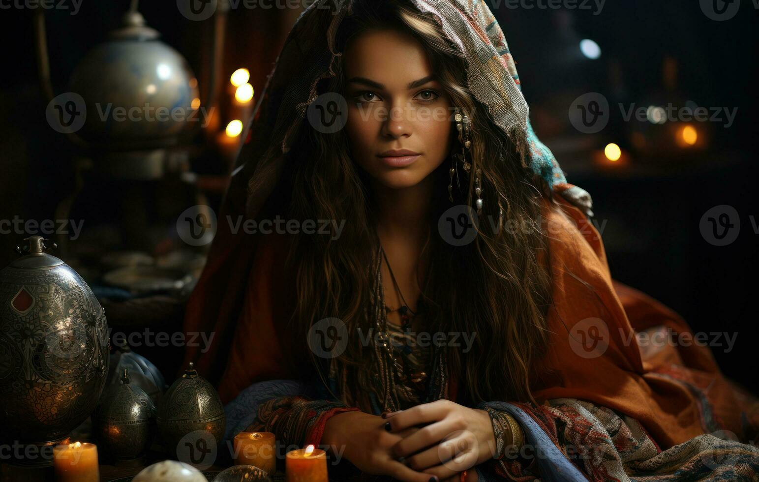 A mysterious fortune teller in a dimly lit tent, surrounded by colorful tapestries and mystical artifacts. Generative Ai photo