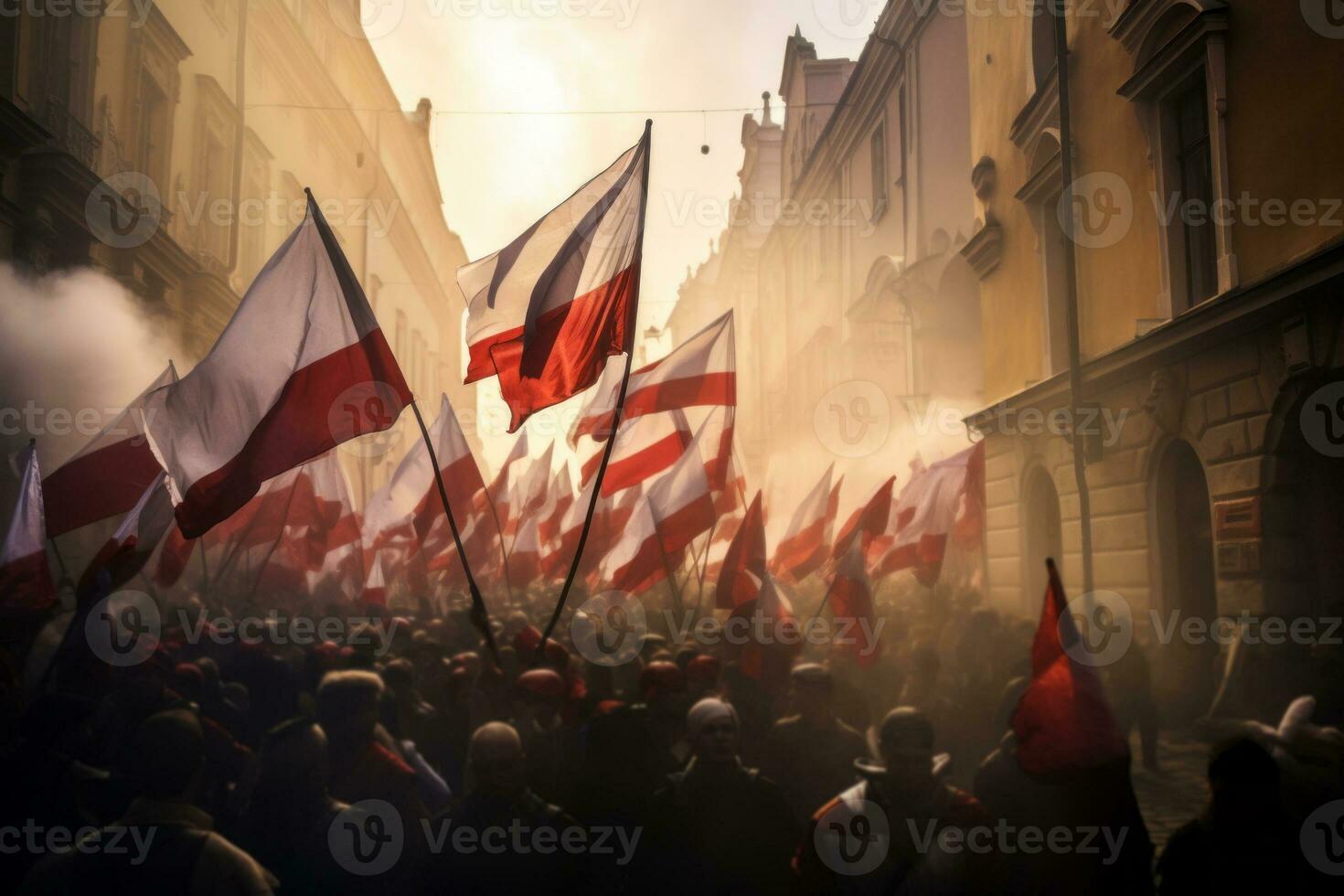 A patriotic parade in Poland with people waving national flags and celebrating the countrys independence. Generative Ai photo