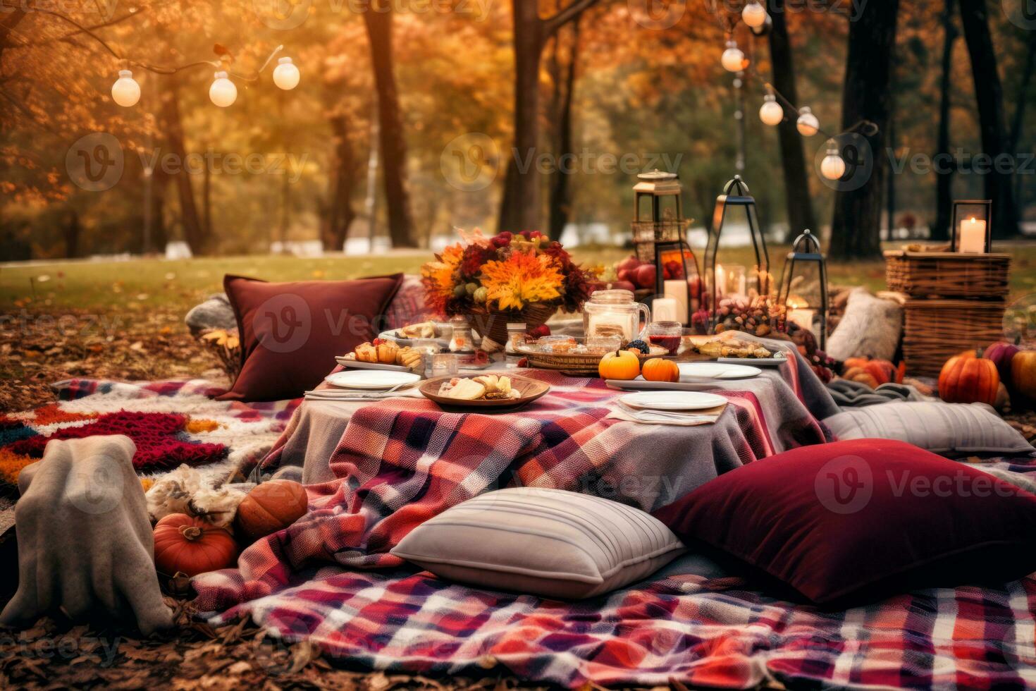 A unique concept featuring a Thanksgiving meal set up outdoors, with a picnic blanket, colorful leaves, and a relaxed atmosphere. Generative Ai photo