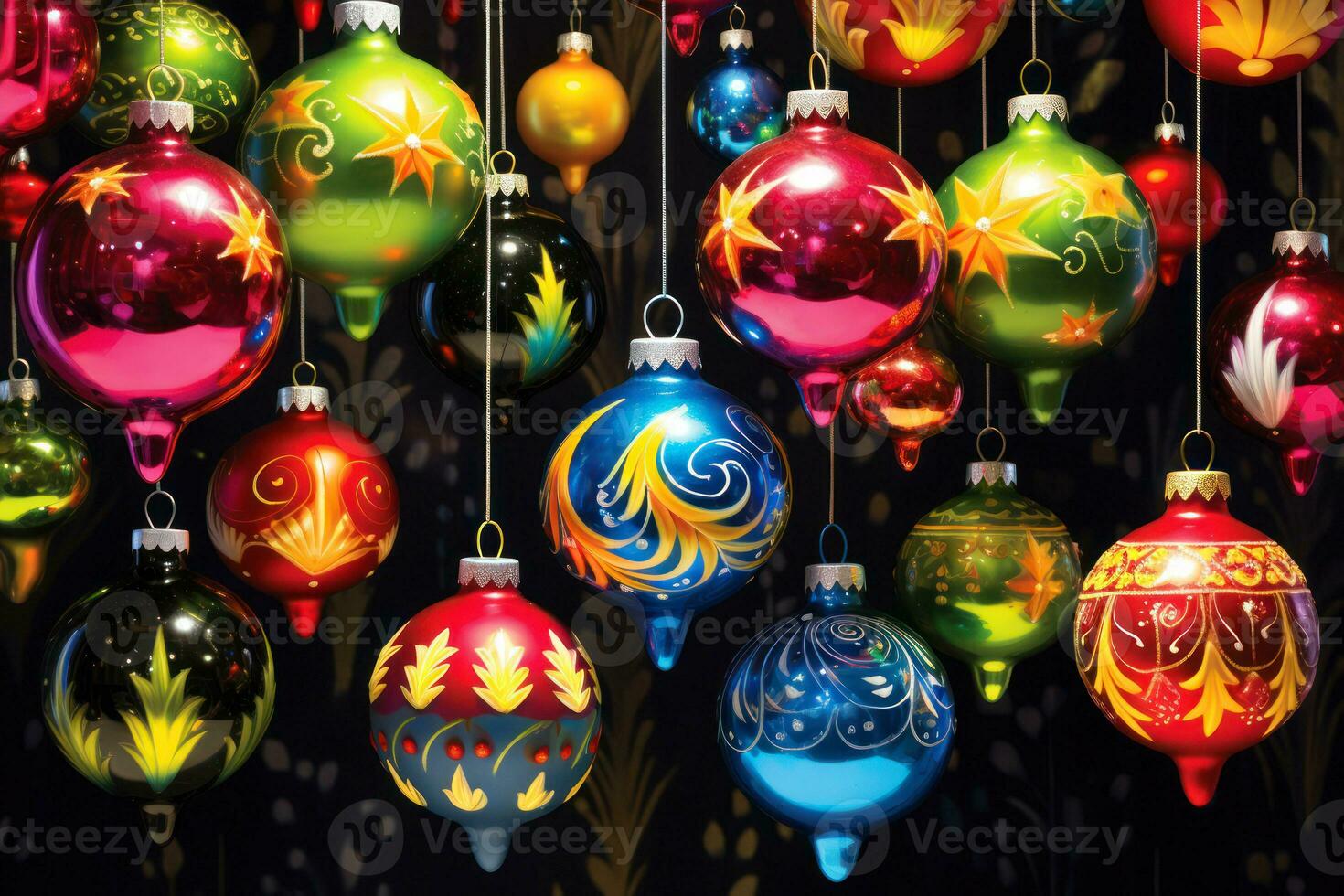 Vibrant, oversized Christmas ornaments for a lively and energetic advertising banner. Generative Ai photo