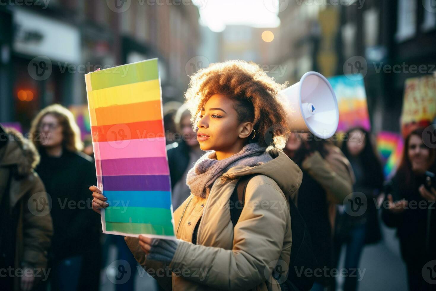 People participating in an anti-discrimination campaign, with visuals that emphasize promoting tolerance and acceptance. Generative Ai photo