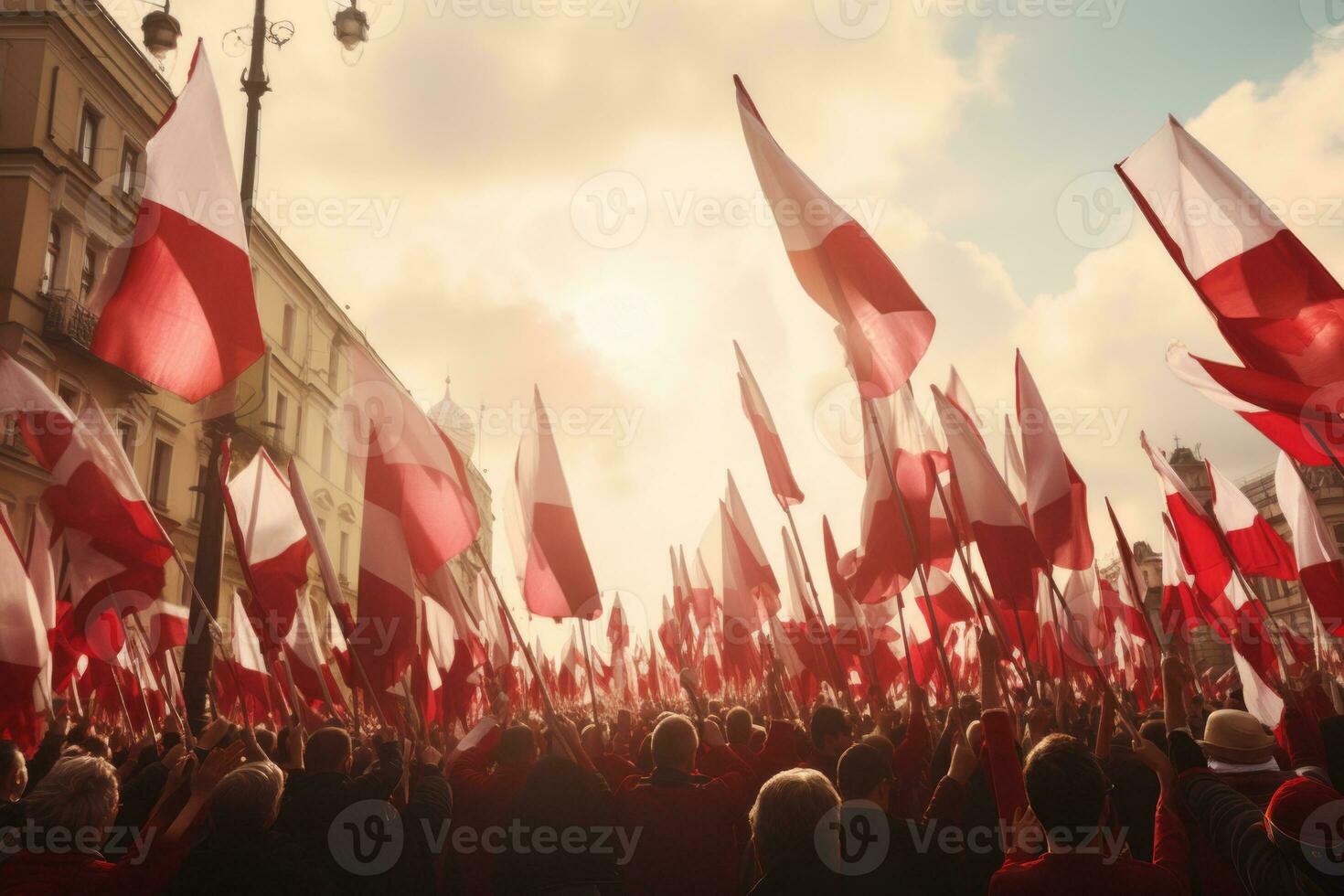 A patriotic parade in Poland with people waving national flags and celebrating the countrys independence. Generative Ai photo