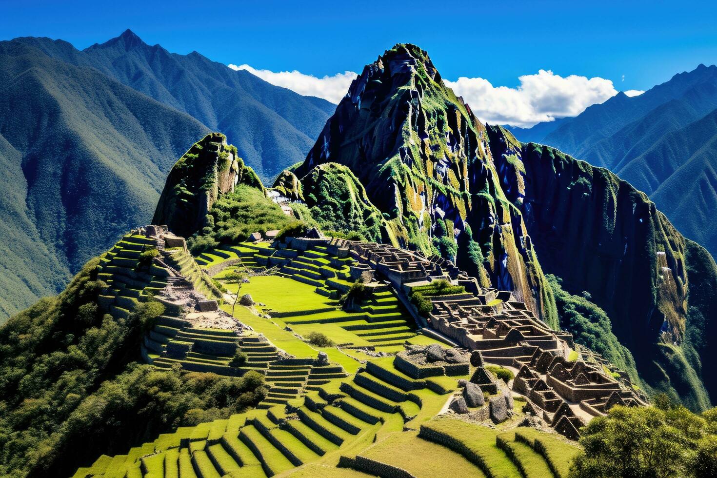 machu picchu, Perú, sur America. el inca ciudad de machu picchu es un la unesco mundo patrimonio sitio, visión de conjunto de machu picchu, agricultura gradas y wayna picchu pico en el fondo, ai generado foto