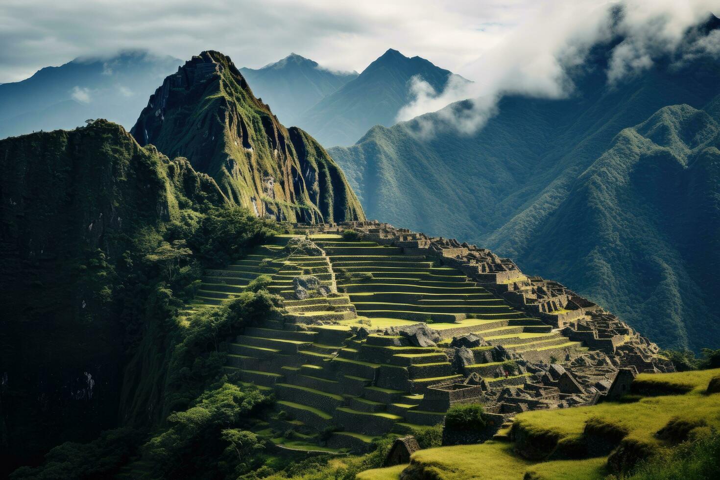 machu picchu, el perdido ciudad de el incas, Perú, visión de conjunto de machu picchu, agricultura gradas y wayna picchu pico en el fondo, ai generado foto