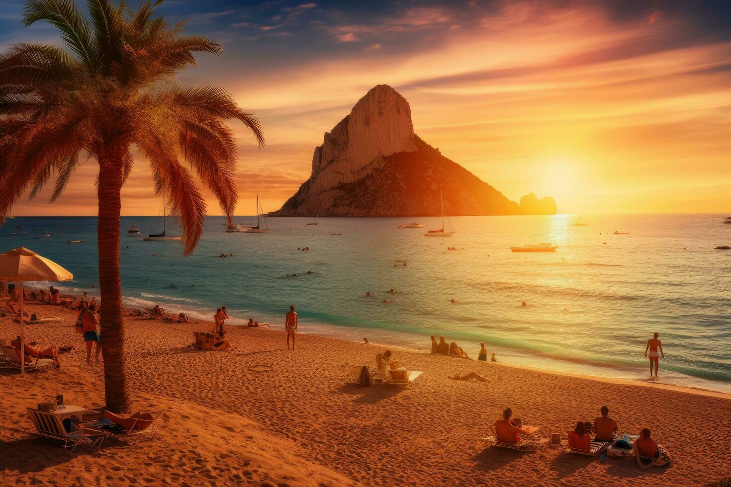 Beautiful sunset on the beach in Calpe, Alicante, Spain, Picturesque view of Cala d'Hort tropical Beach, people hangout in beautiful beach with Es Vedra rock view during magnificent, AI Generated photo