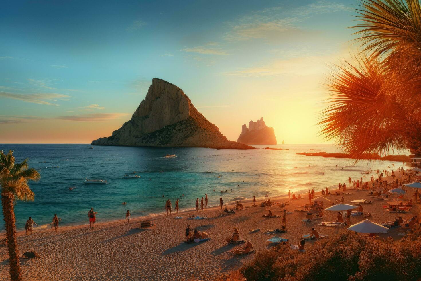 hermosa marina con montaña y personas en el playa, pintoresco ver de cala d'hort tropical playa, personas colgar en hermosa playa con es Vedra rock ver durante, ai generado foto