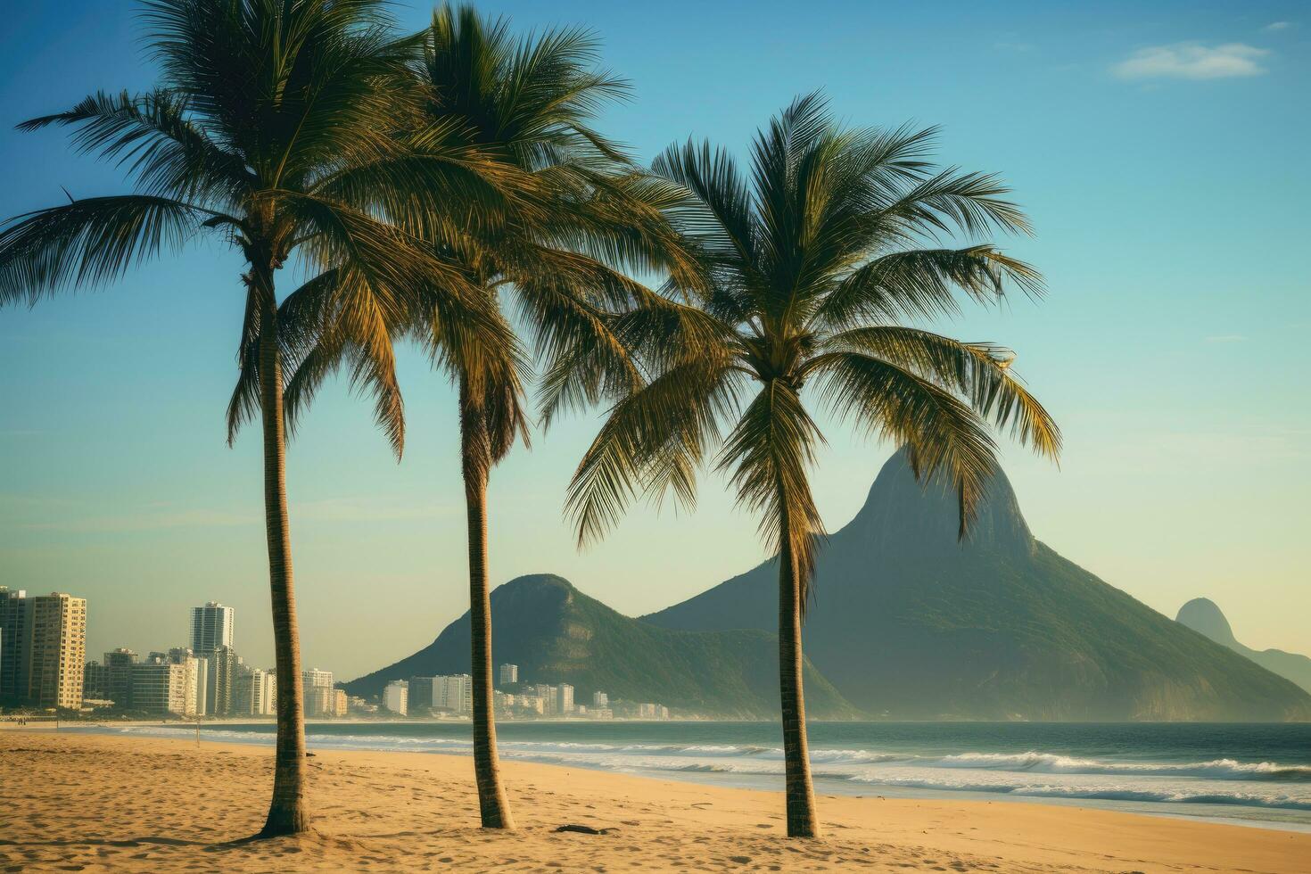 palma arboles en el playa en rio Delaware janeiro, Brasil, palmas y dos hermanos montaña en ipanema playa, rio Delaware janeiro, ai generado foto