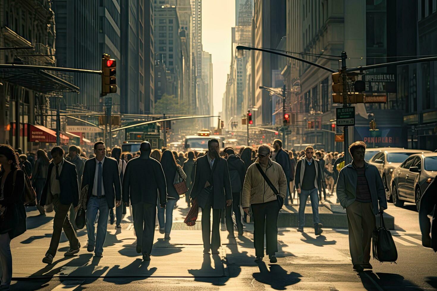 Crowds of people walking on the street in New York City, People cross the street, AI Generated photo